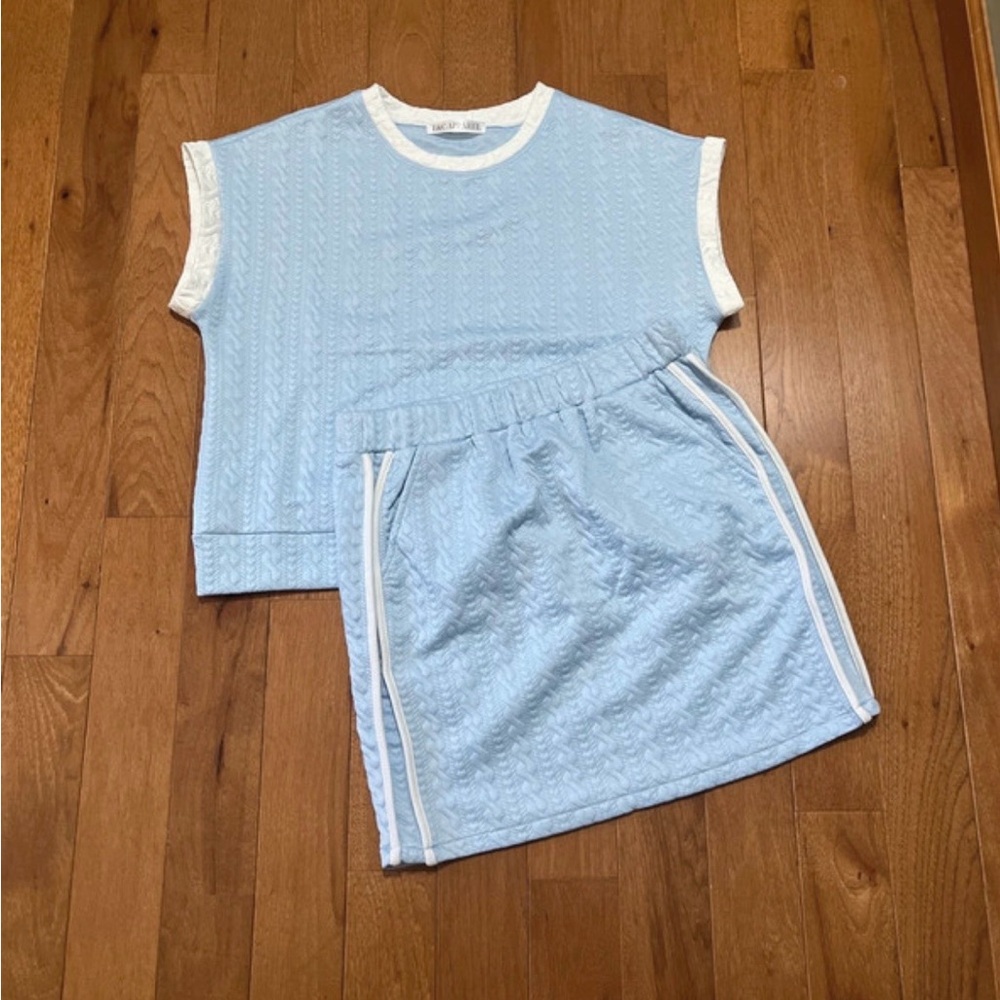 T&C Apparel Light Blue Quilted Top and Skirt Set with White Trim